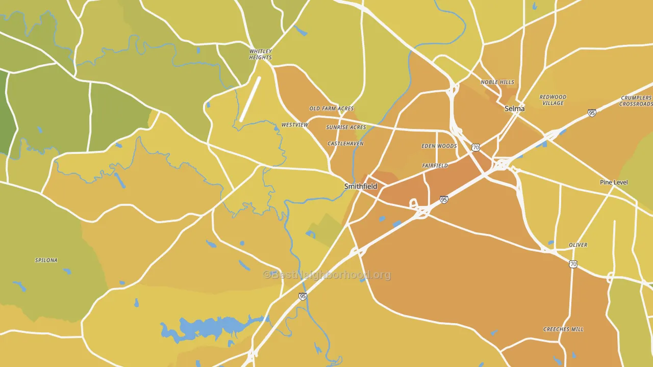 Map of the best neighborhoods in the 27577 area, with better matches in green and worse matches in red