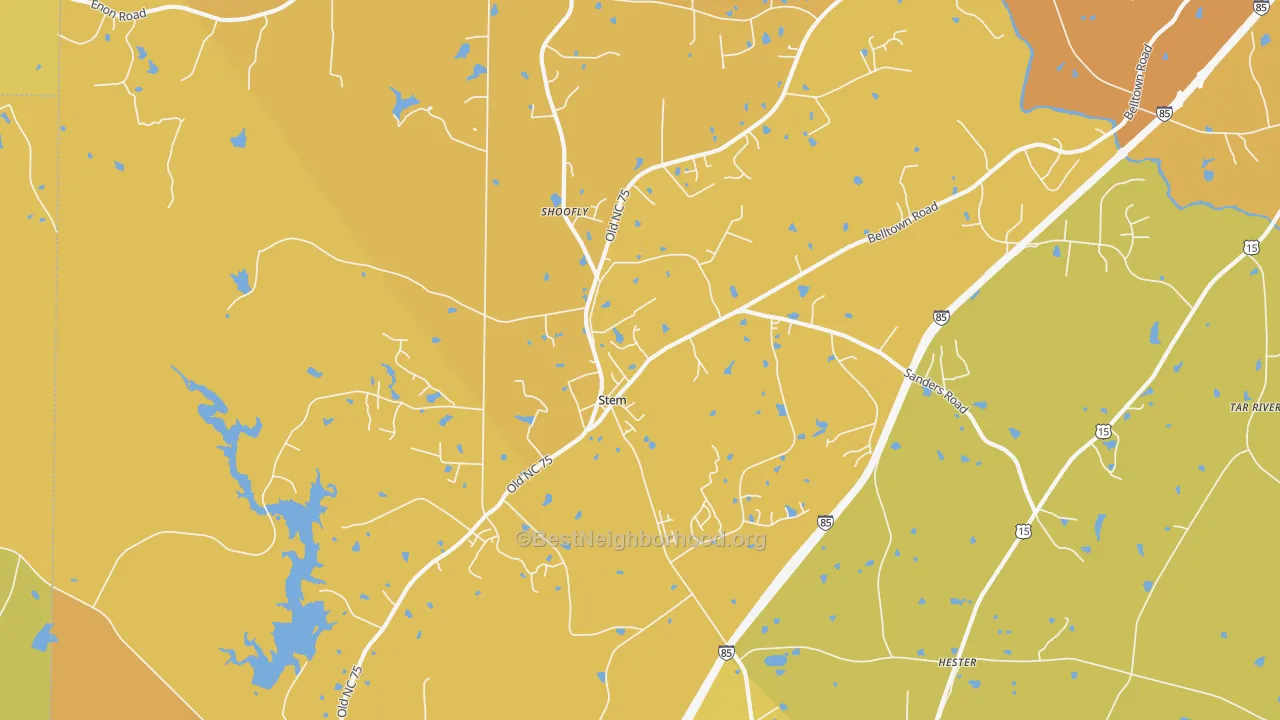 Map of the best neighborhoods in the 27581 area, with better matches in green and worse matches in red