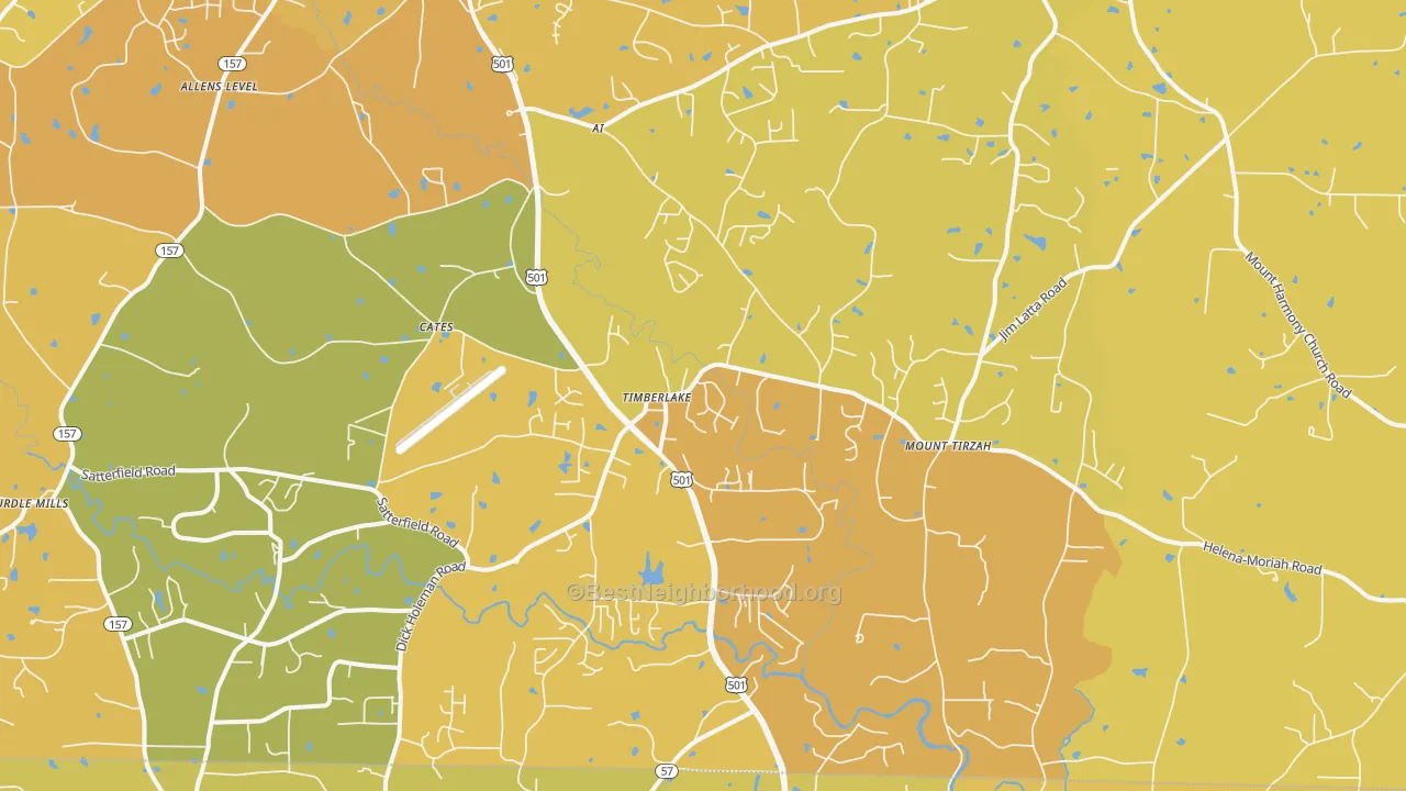 Map of the best neighborhoods in the 27583 area, with better matches in green and worse matches in red