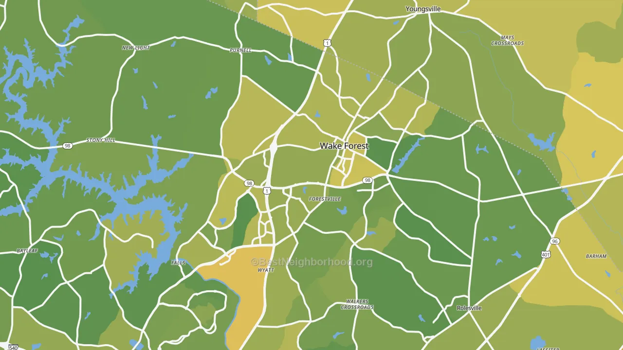 Map of the best neighborhoods in the 27587 area, with better matches in green and worse matches in red