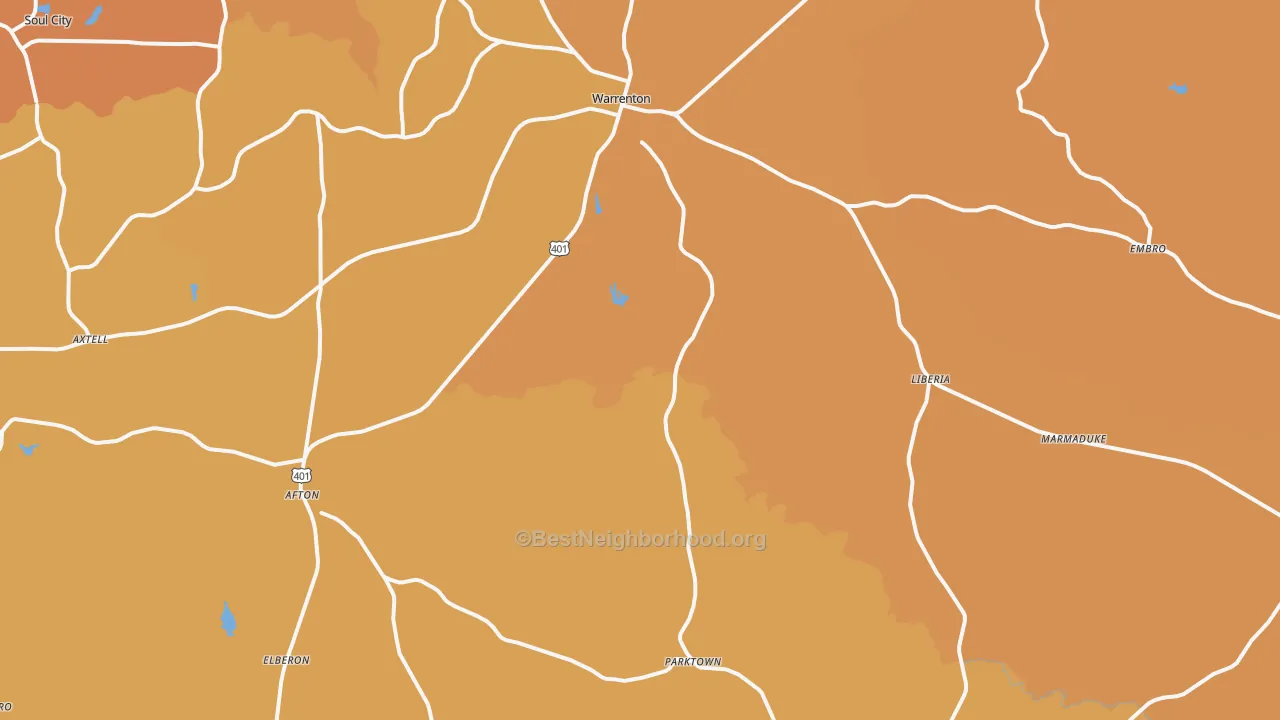 Map of the best neighborhoods in the 27589 area, with better matches in green and worse matches in red