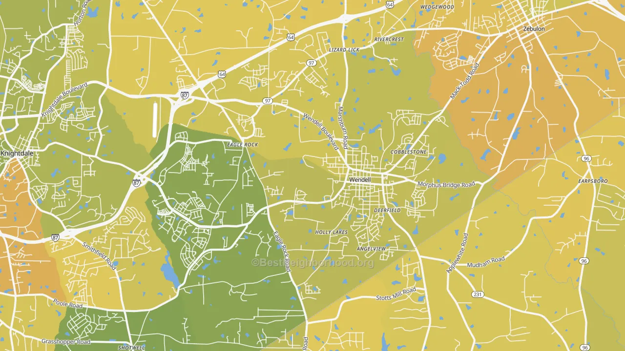 Map of the best neighborhoods in the 27591 area, with better matches in green and worse matches in red