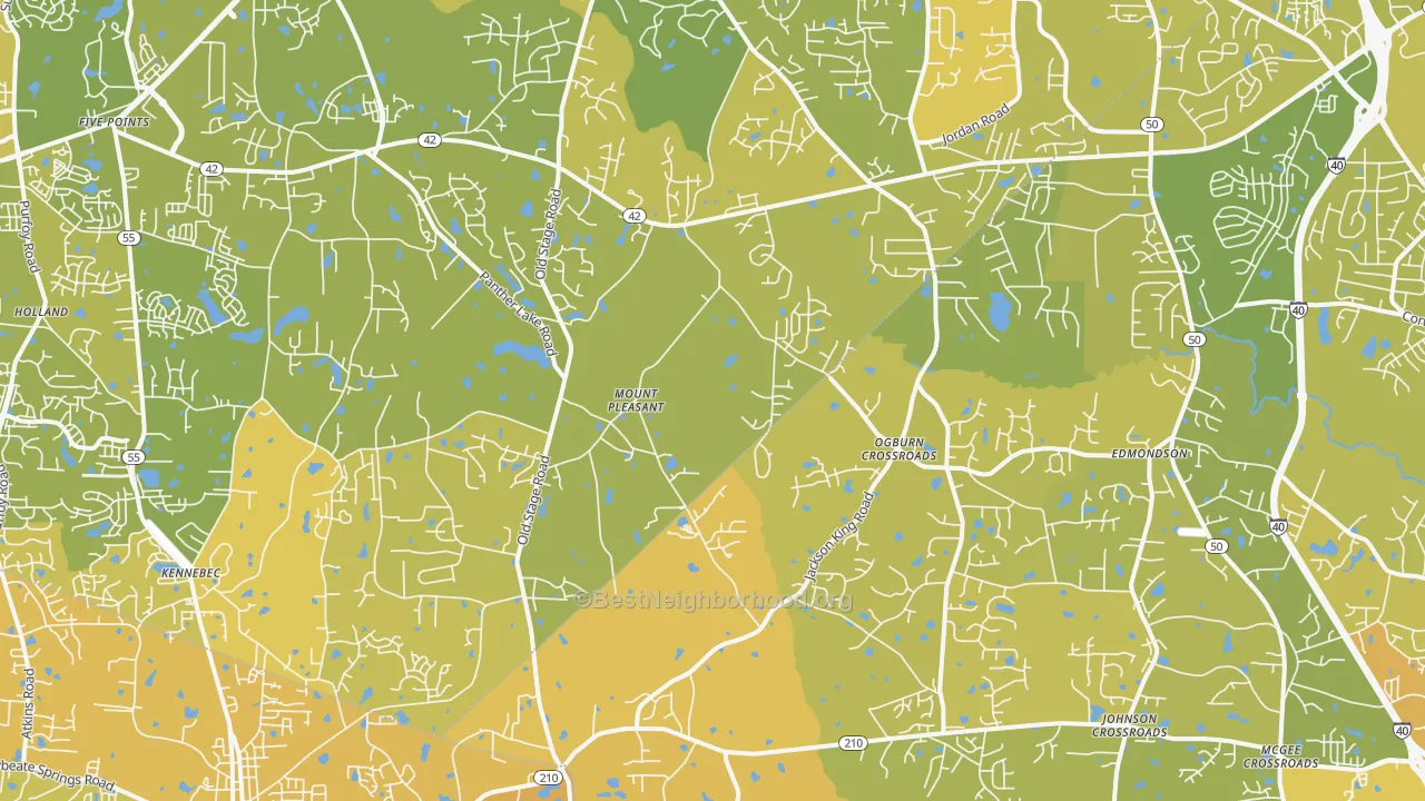 Map of the best neighborhoods in the 27592 area, with better matches in green and worse matches in red