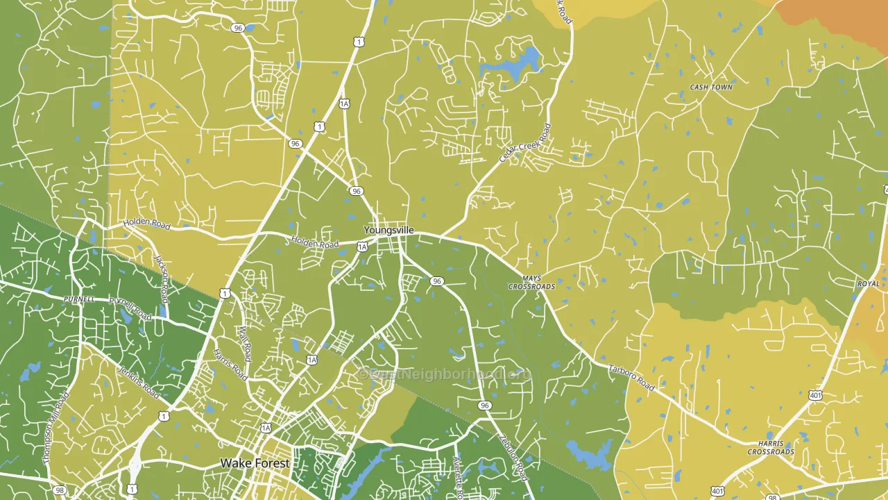 Map of the best neighborhoods in the 27596 area, with better matches in green and worse matches in red