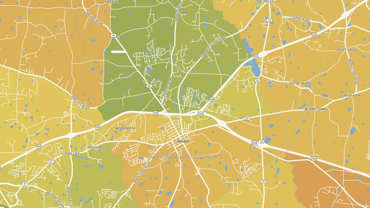 Map of the best neighborhoods in the 27597 area, with better matches in green and worse matches in red