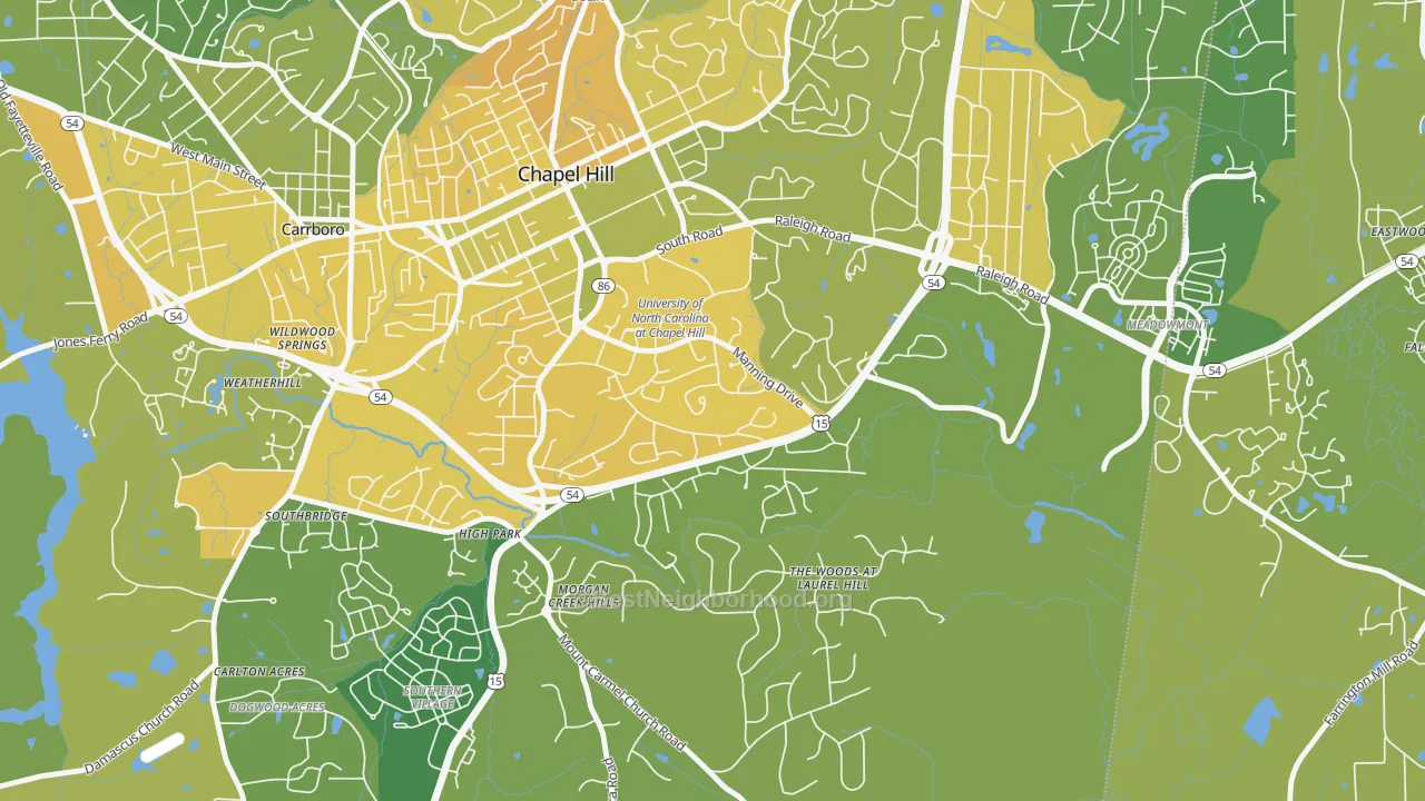 Map of the best neighborhoods in the 27599 area, with better matches in green and worse matches in red