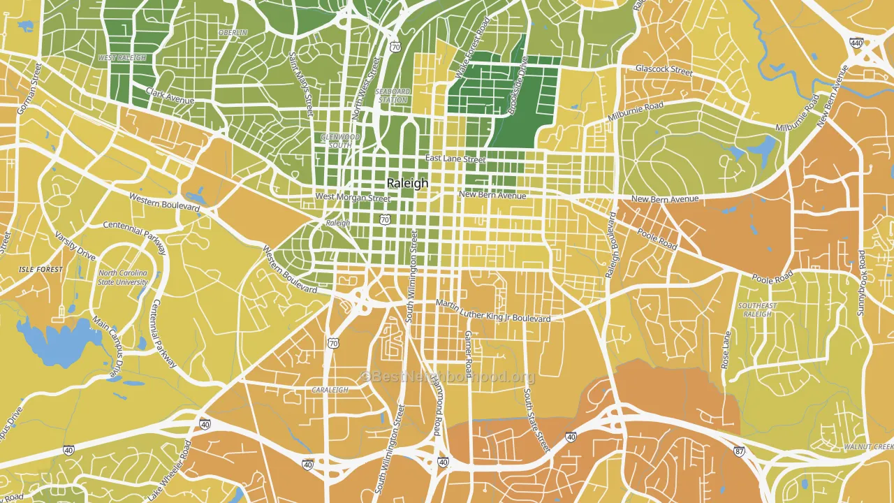 Map of the best neighborhoods in the 27601 area, with better matches in green and worse matches in red