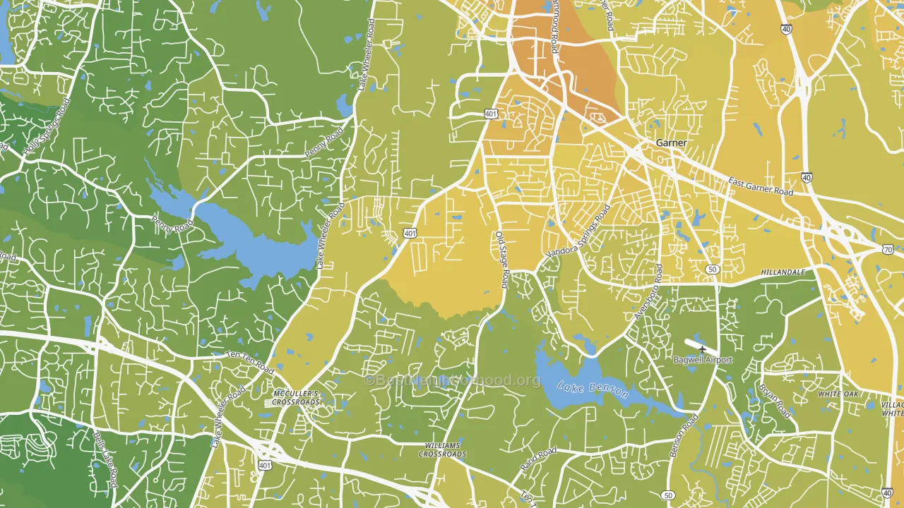 Map of the best neighborhoods in the 27603 area, with better matches in green and worse matches in red