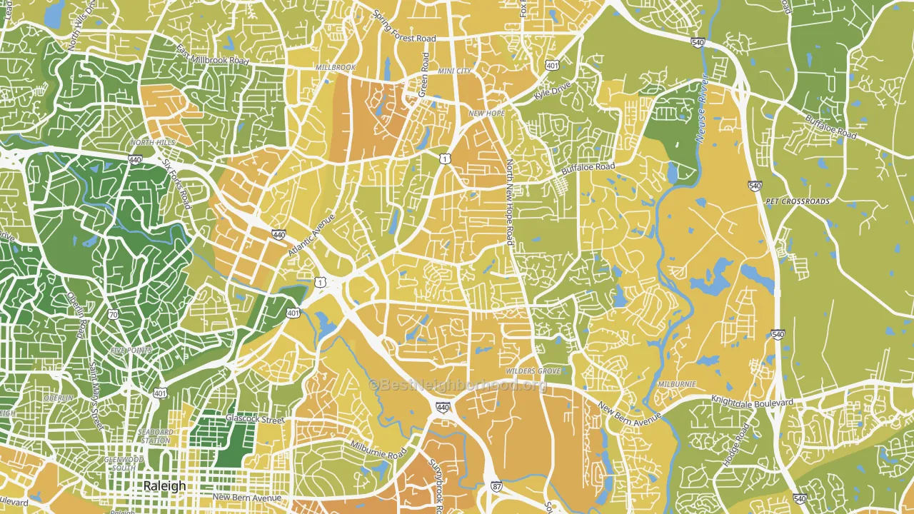 Map of the best neighborhoods in the 27604 area, with better matches in green and worse matches in red