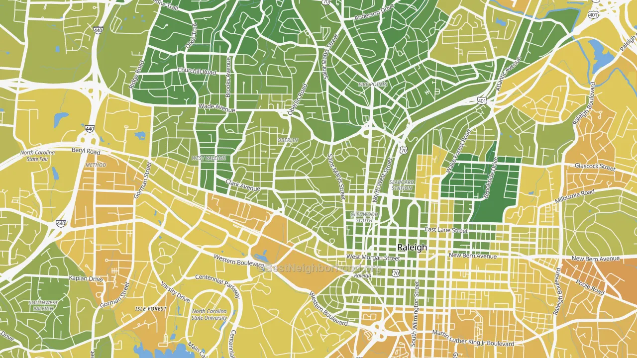Map of the best neighborhoods in the 27605 area, with better matches in green and worse matches in red