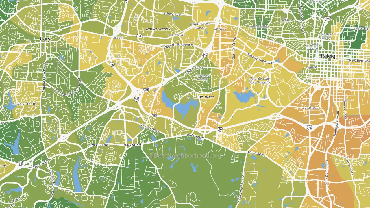 Map of the best neighborhoods in the 27606 area, with better matches in green and worse matches in red