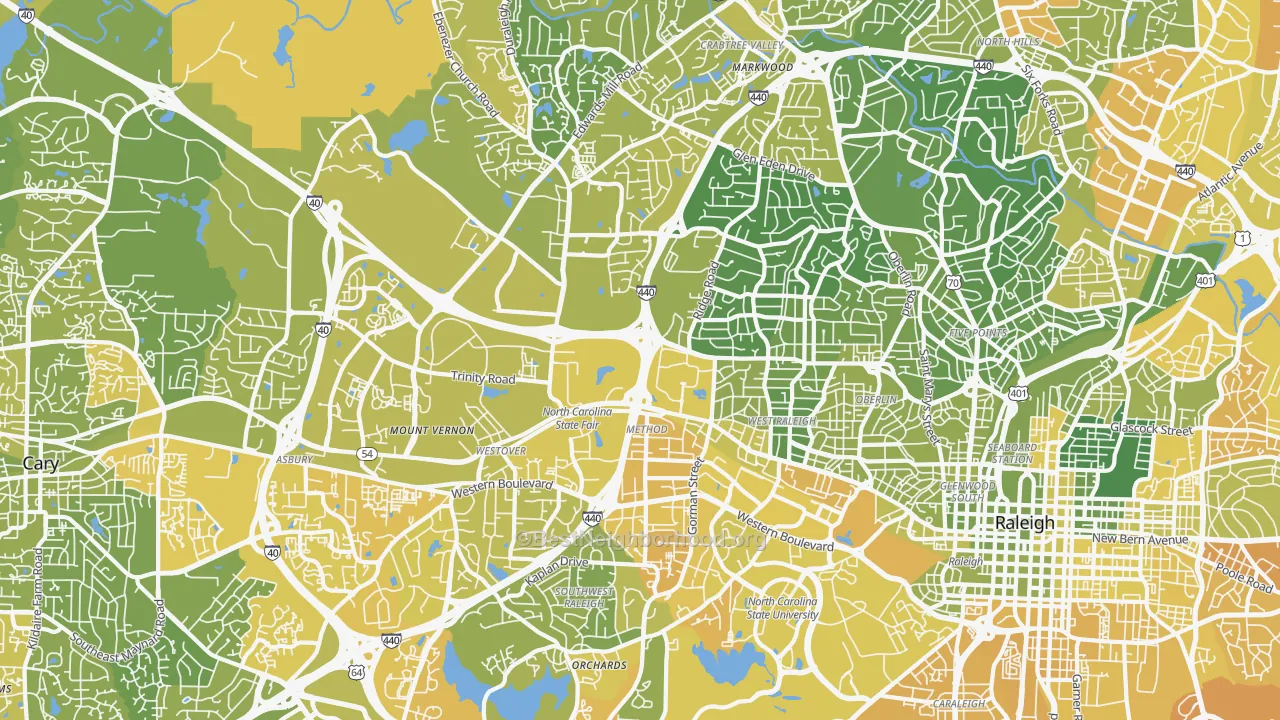 Map of the best neighborhoods in the 27607 area, with better matches in green and worse matches in red