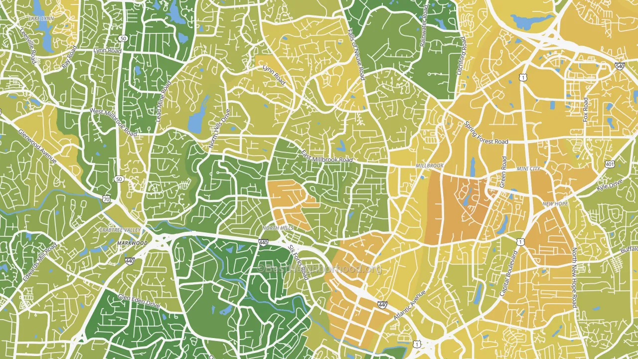 Map of the best neighborhoods in the 27609 area, with better matches in green and worse matches in red
