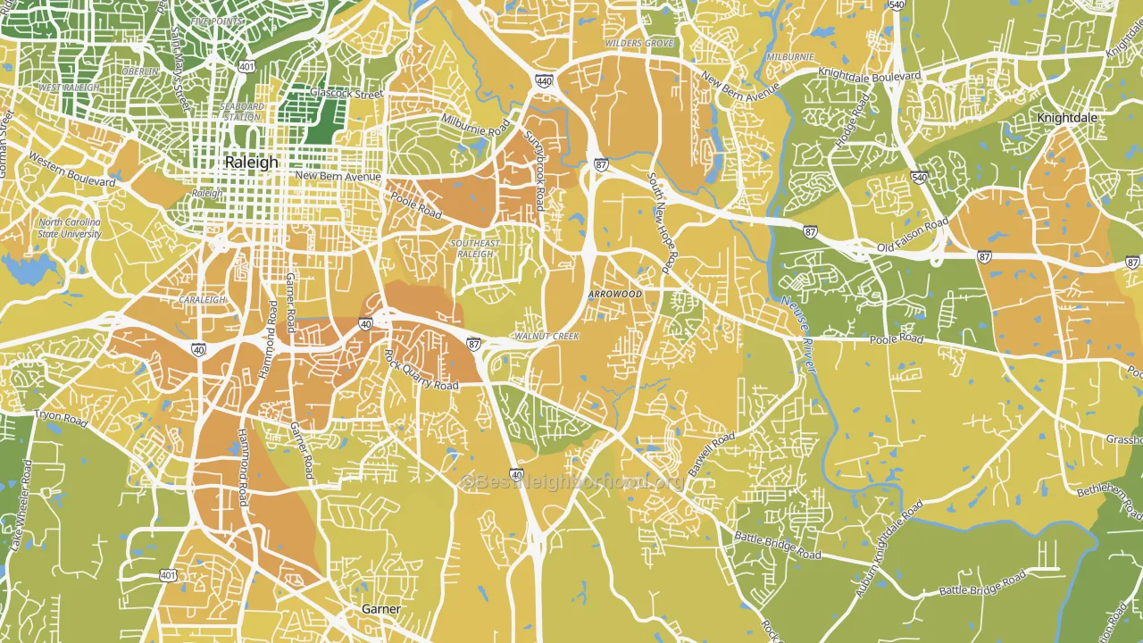 Map of the best neighborhoods in the 27610 area, with better matches in green and worse matches in red