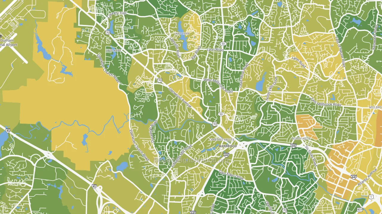 Map of the best neighborhoods in the 27612 area, with better matches in green and worse matches in red