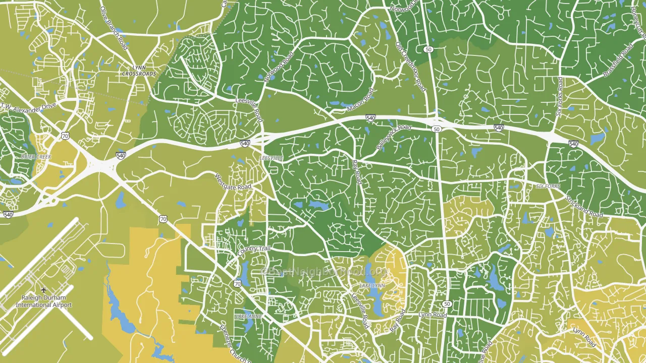 Map of the best neighborhoods in the 27613 area, with better matches in green and worse matches in red