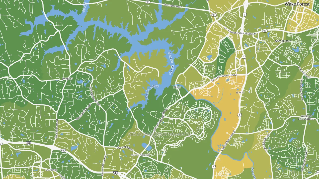 Map of the best neighborhoods in the 27614 area, with better matches in green and worse matches in red