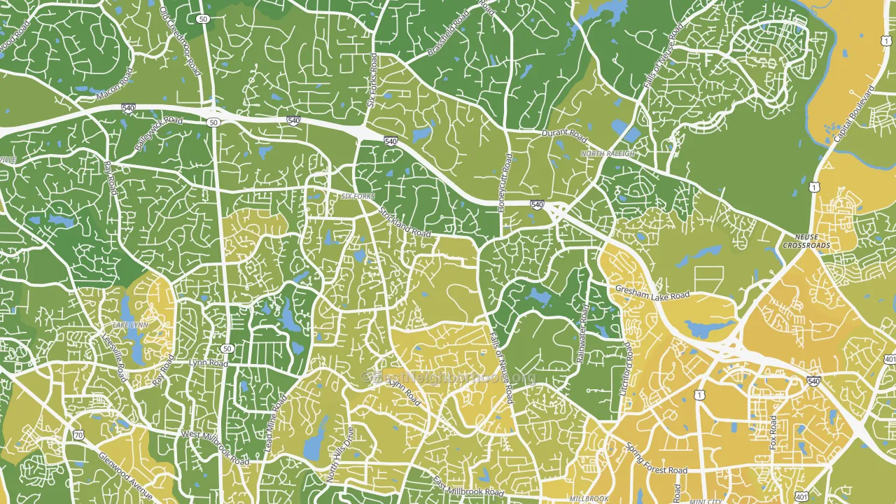 Map of the best neighborhoods in the 27615 area, with better matches in green and worse matches in red
