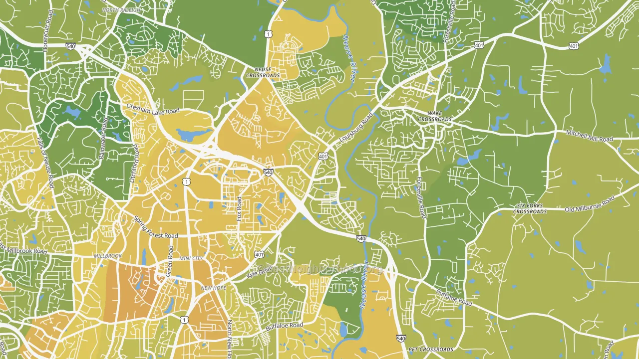 Map of the best neighborhoods in the 27616 area, with better matches in green and worse matches in red