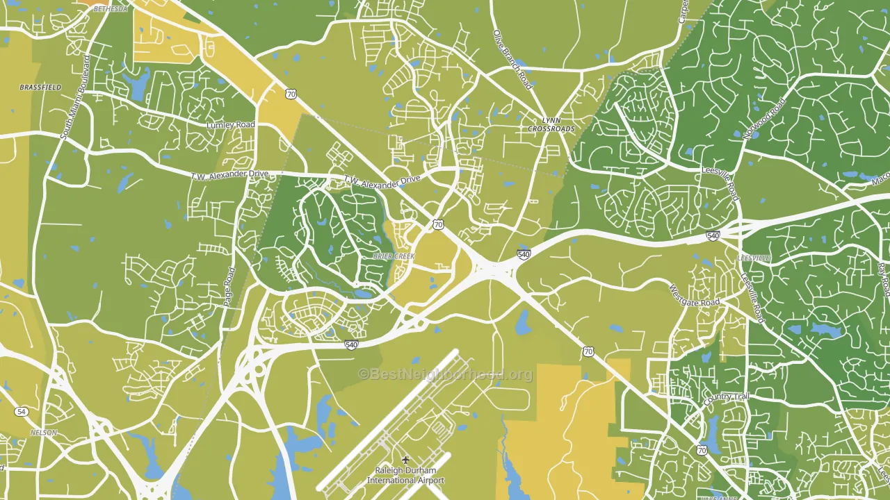 Map of the best neighborhoods in the 27617 area, with better matches in green and worse matches in red