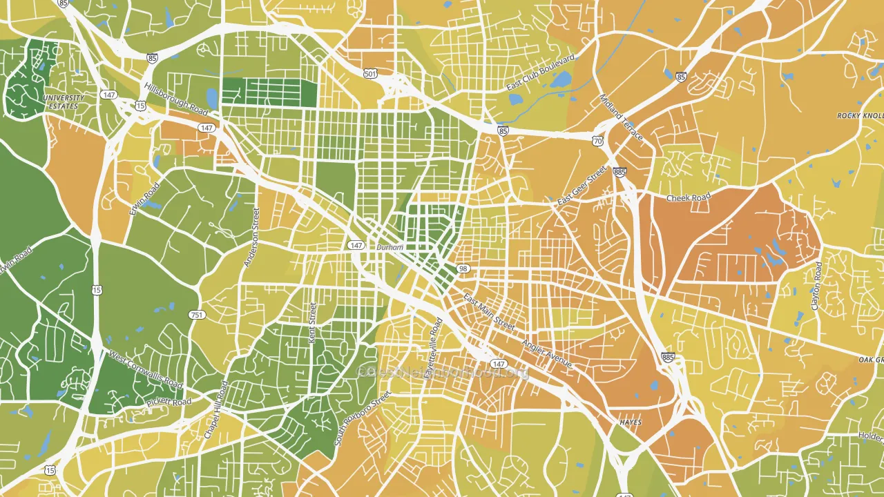 Map of the best neighborhoods in the 27701 area, with better matches in green and worse matches in red