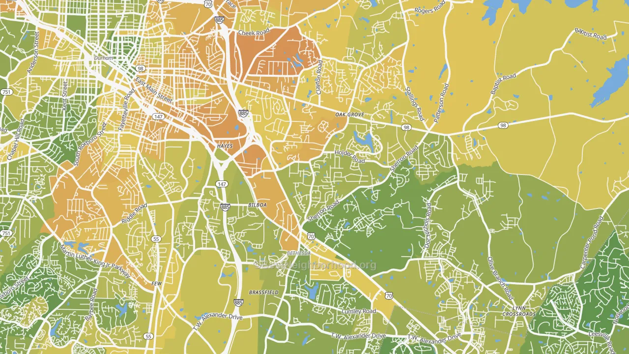 Map of the best neighborhoods in the 27703 area, with better matches in green and worse matches in red