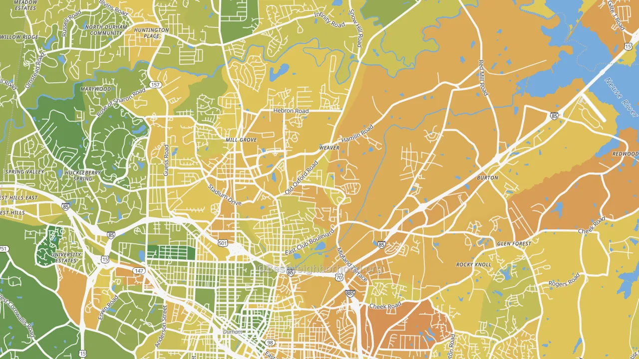 Map of the best neighborhoods in the 27704 area, with better matches in green and worse matches in red