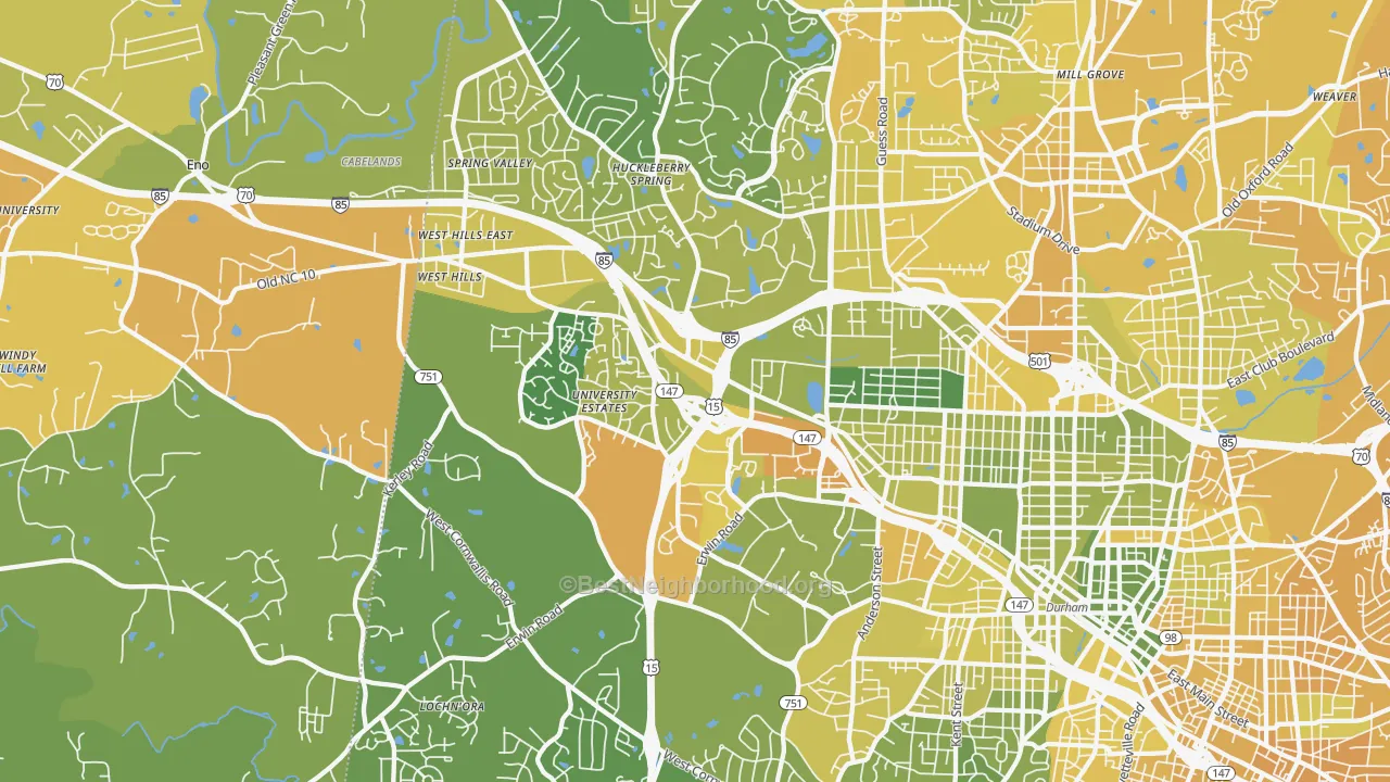 Map of the best neighborhoods in the 27705 area, with better matches in green and worse matches in red