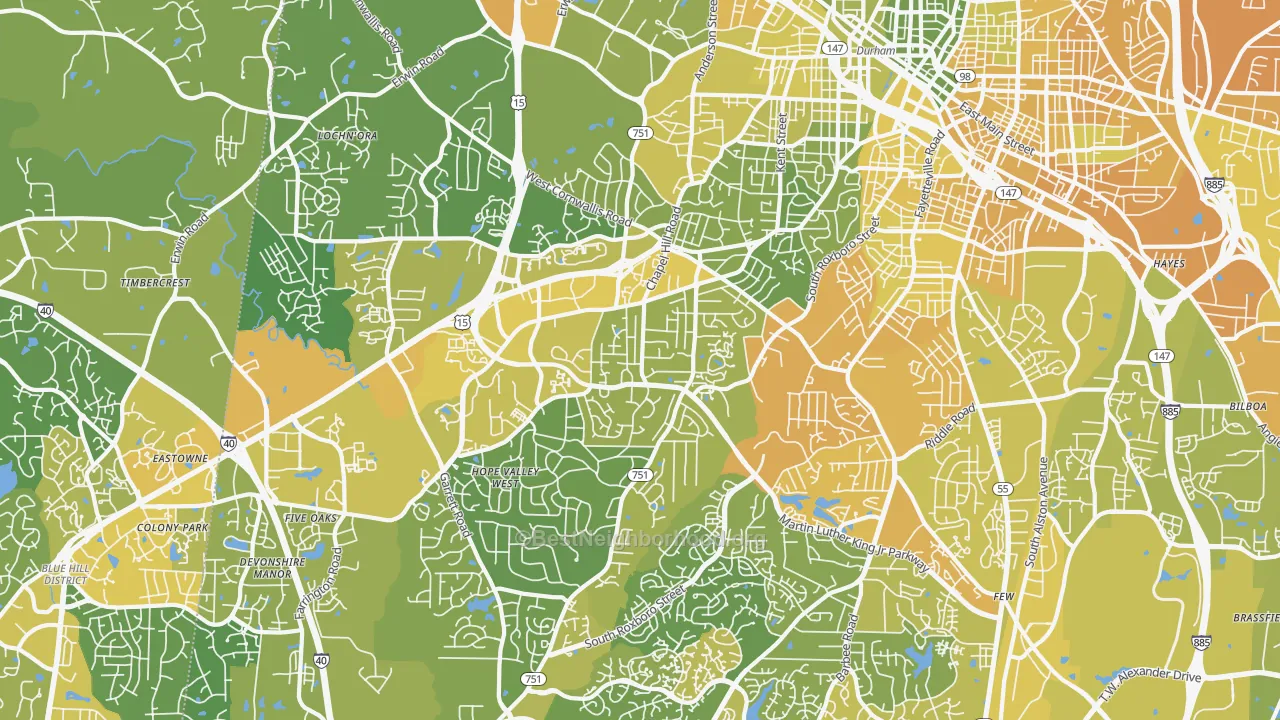 Map of the best neighborhoods in the 27707 area, with better matches in green and worse matches in red
