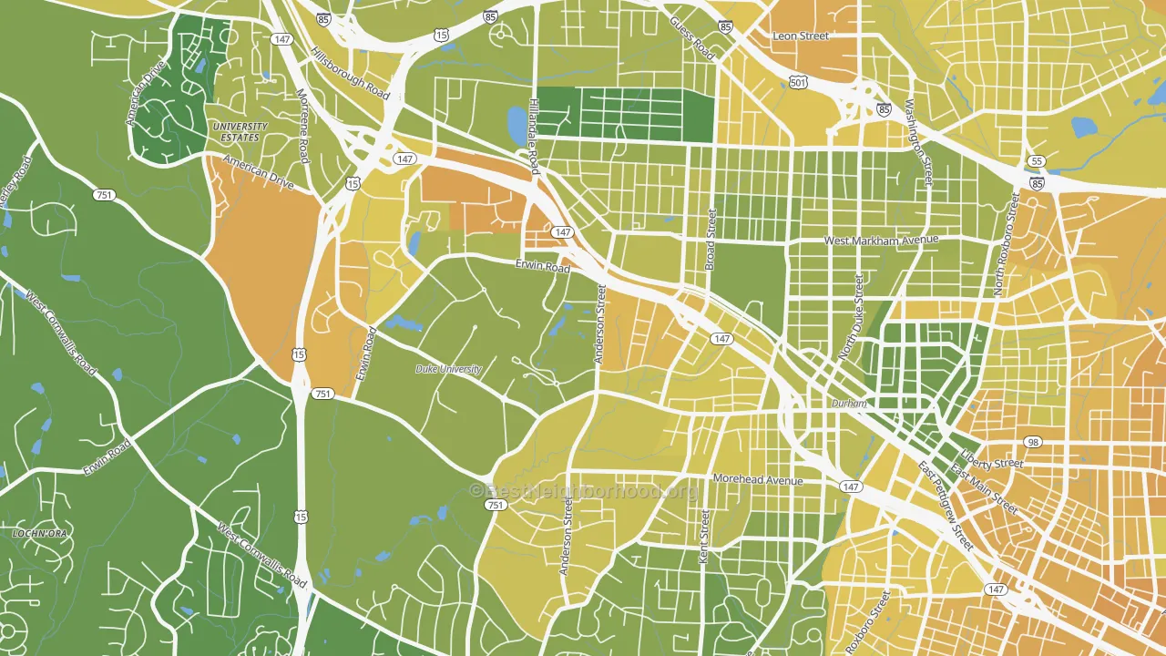 Map of the best neighborhoods in the 27708 area, with better matches in green and worse matches in red