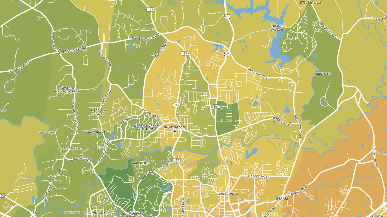 Map of the best neighborhoods in the 27712 area, with better matches in green and worse matches in red