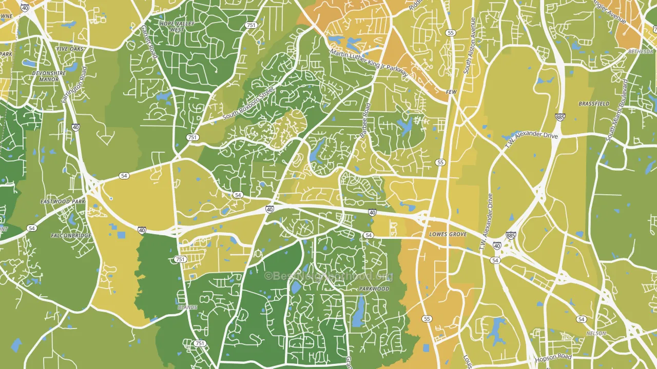 Map of the best neighborhoods in the 27713 area, with better matches in green and worse matches in red