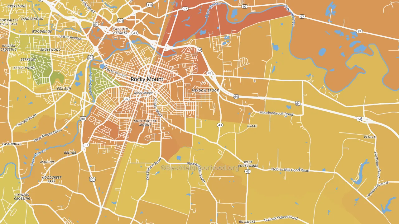Map of the best neighborhoods in the 27801 area, with better matches in green and worse matches in red