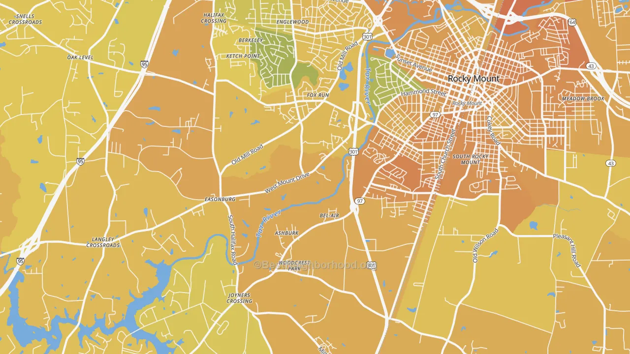 Map of the best neighborhoods in the 27803 area, with better matches in green and worse matches in red