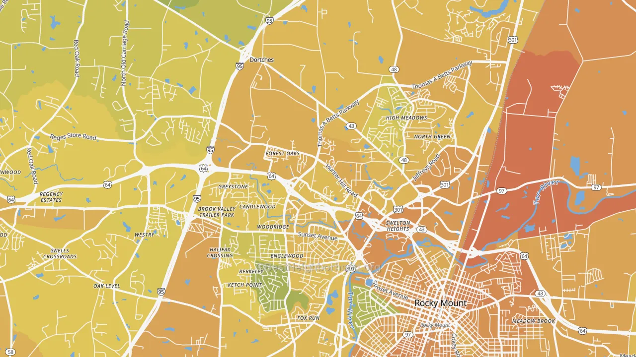 Map of the best neighborhoods in the 27804 area, with better matches in green and worse matches in red