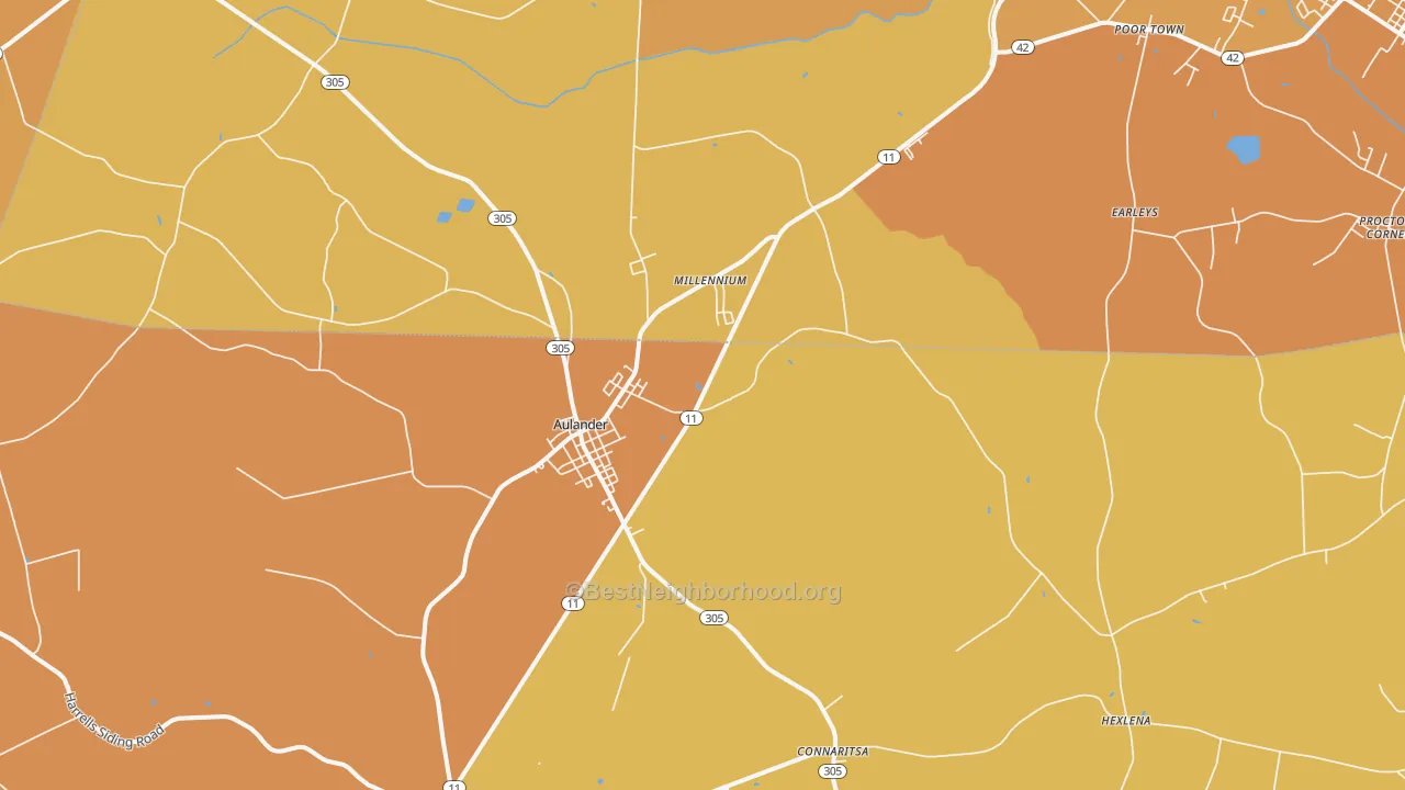 Map of the best neighborhoods in the 27805 area, with better matches in green and worse matches in red