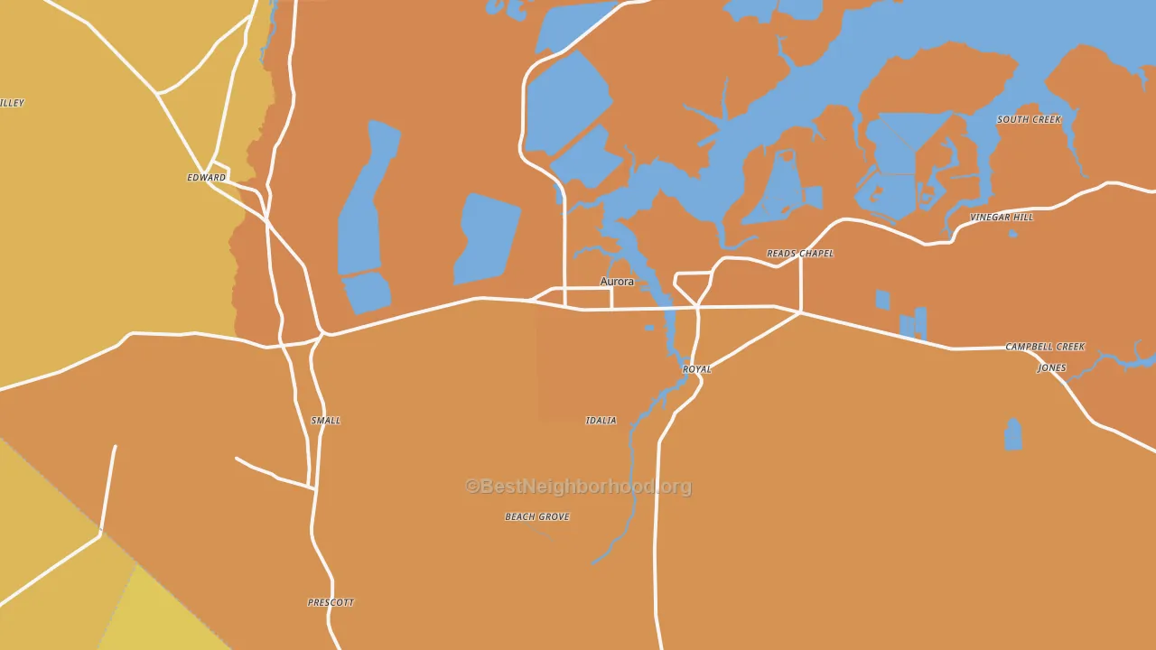 Map of the best neighborhoods in the 27806 area, with better matches in green and worse matches in red