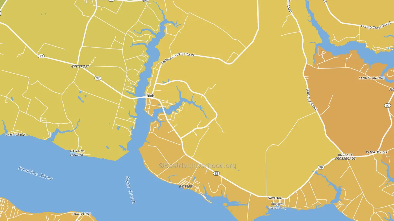 Map of the best neighborhoods in the 27808 area, with better matches in green and worse matches in red