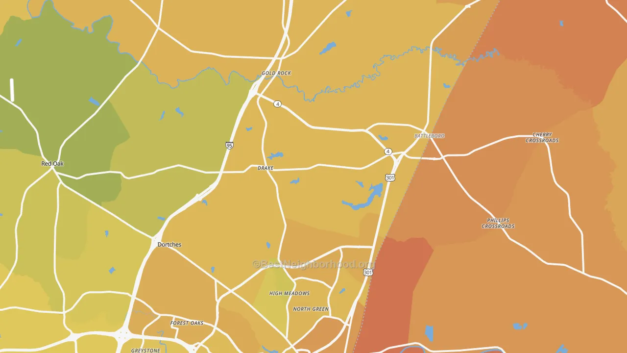 Map of the best neighborhoods in the 27809 area, with better matches in green and worse matches in red
