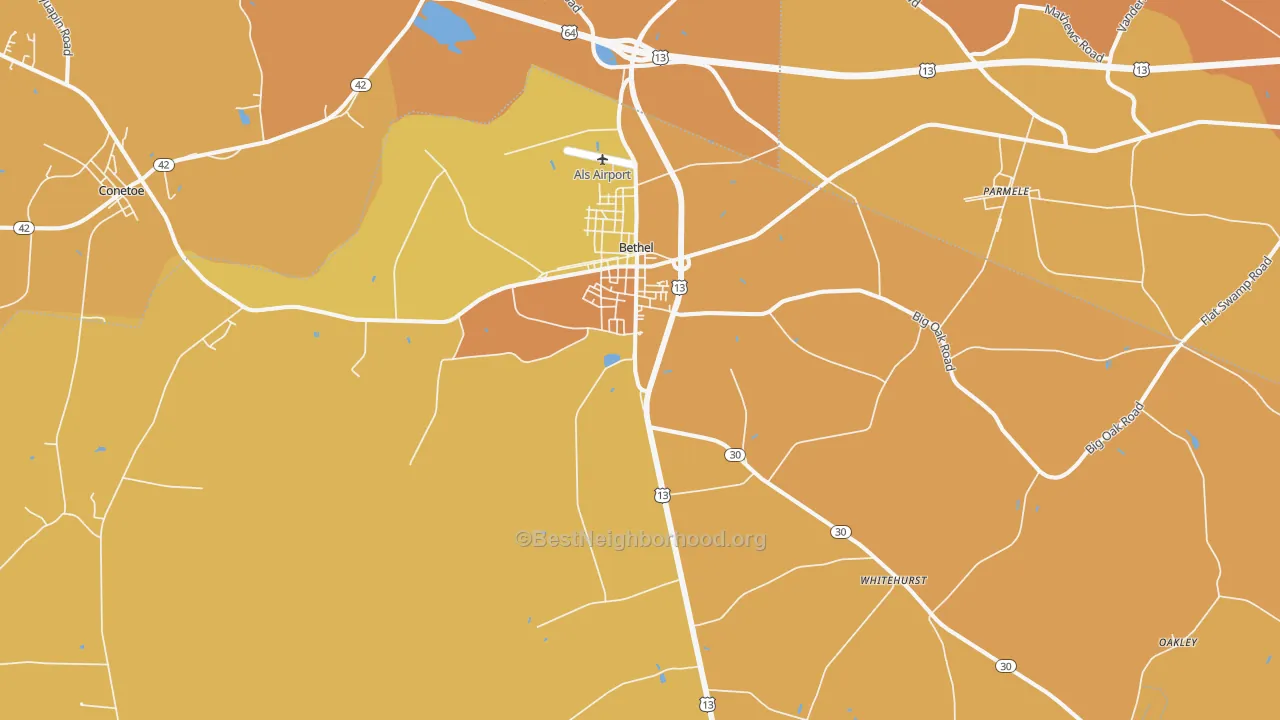 Map of the best neighborhoods in the 27812 area, with better matches in green and worse matches in red
