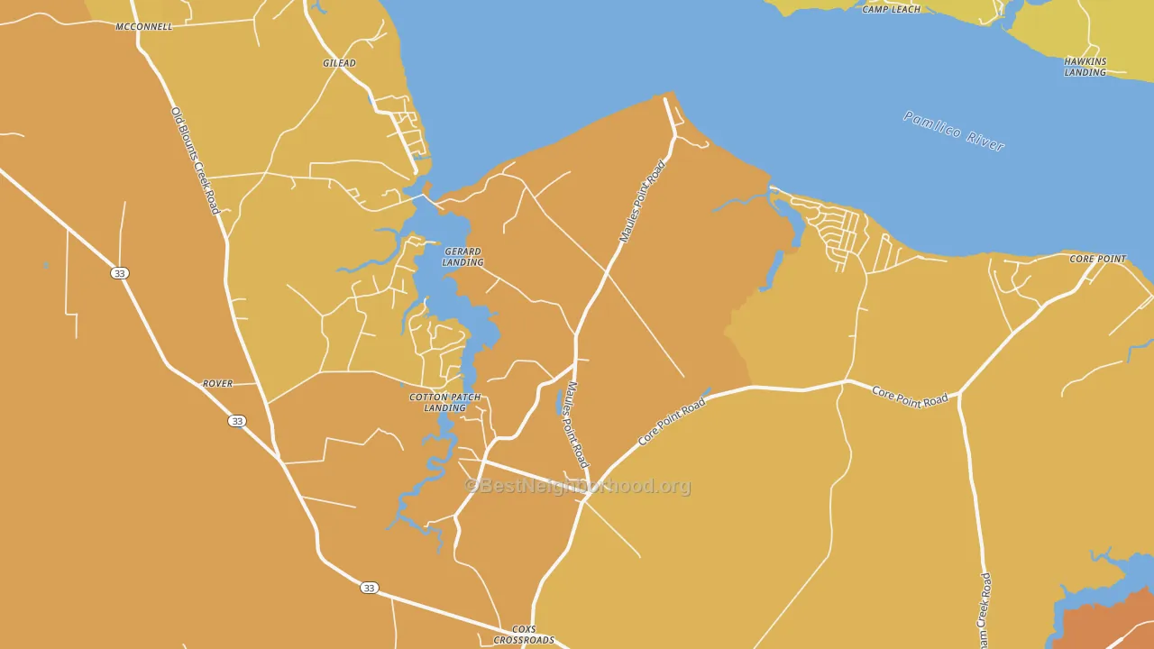 Map of the best neighborhoods in the 27814 area, with better matches in green and worse matches in red