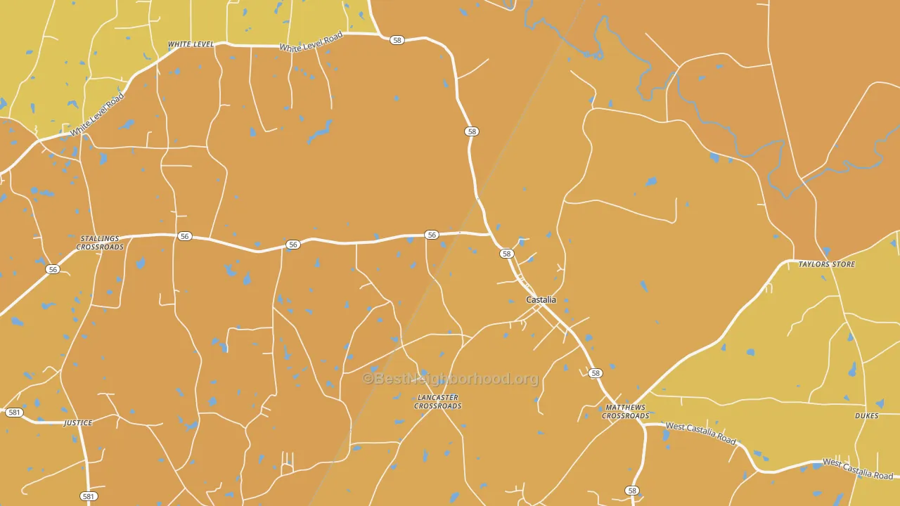 Map of the best neighborhoods in the 27816 area, with better matches in green and worse matches in red