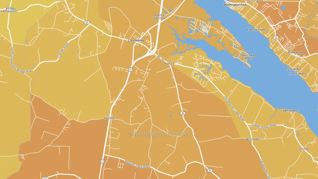 Map of the best neighborhoods in the 27817 area, with better matches in green and worse matches in red