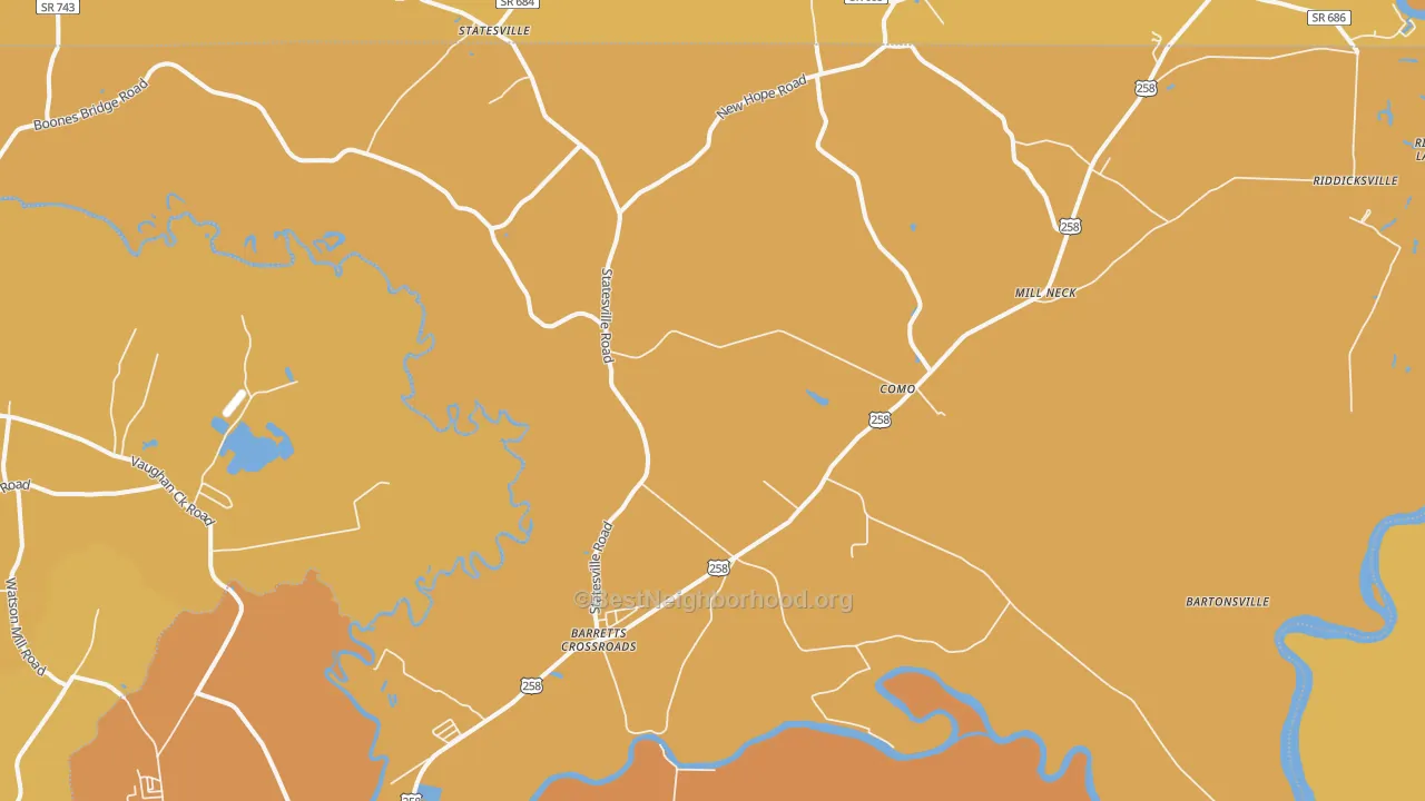 Map of the best neighborhoods in the 27818 area, with better matches in green and worse matches in red
