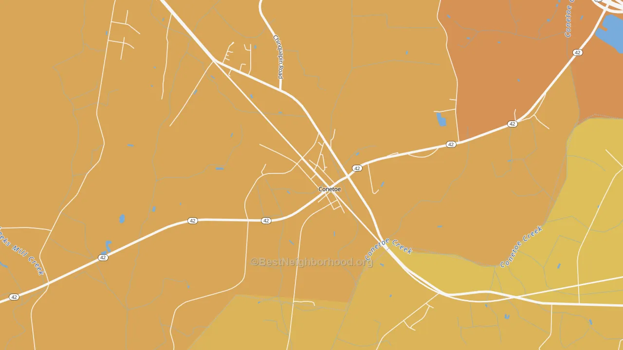 Map of the best neighborhoods in the 27819 area, with better matches in green and worse matches in red