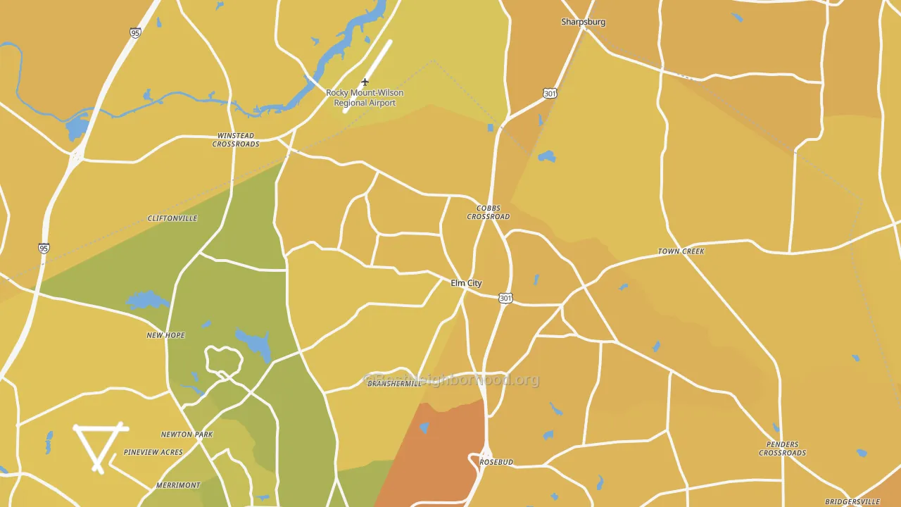 Map of the best neighborhoods in the 27822 area, with better matches in green and worse matches in red