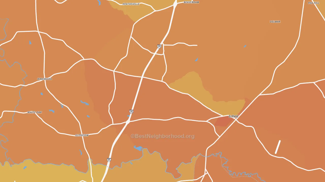 Map of the best neighborhoods in the 27823 area, with better matches in green and worse matches in red