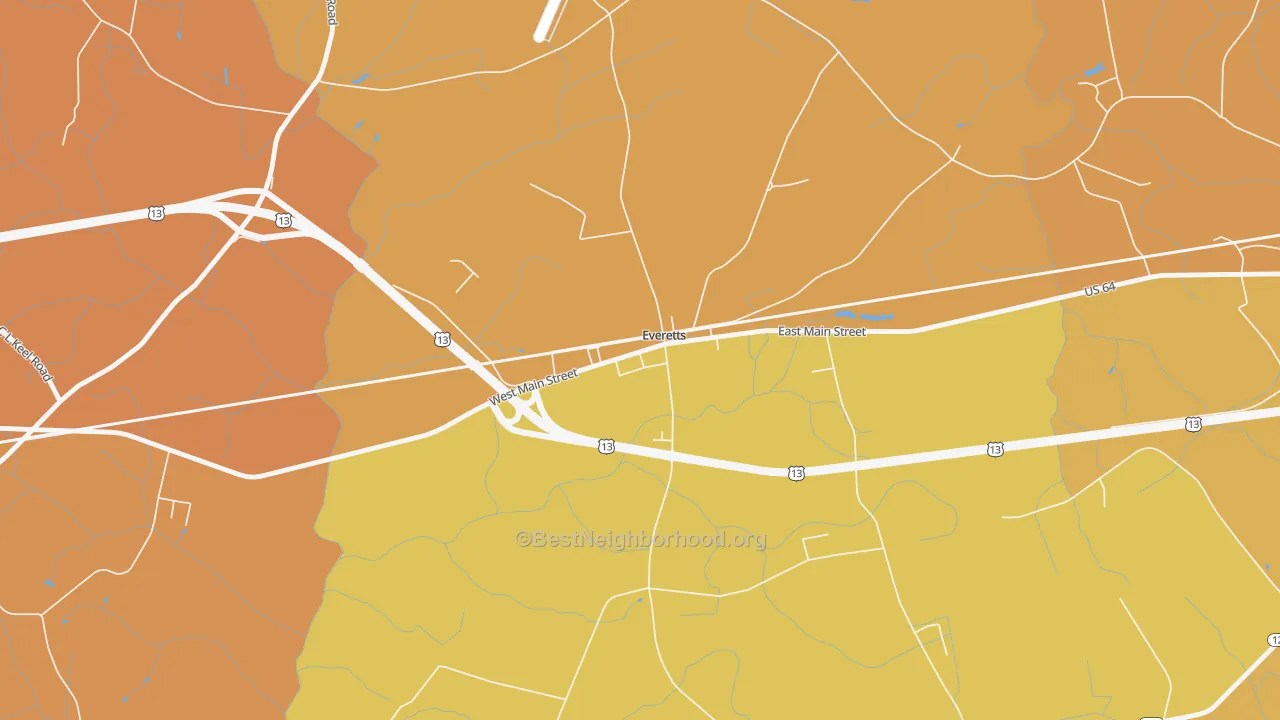 Map of the best neighborhoods in the 27825 area, with better matches in green and worse matches in red