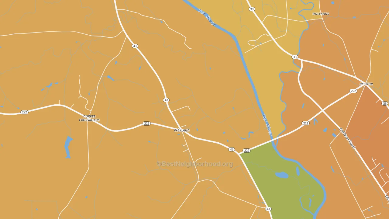 Map of the best neighborhoods in the 27827 area, with better matches in green and worse matches in red