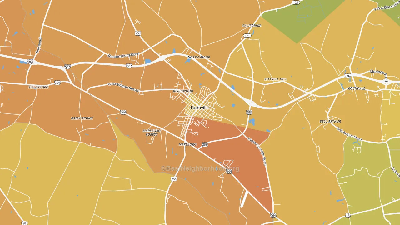 Map of the best neighborhoods in the 27828 area, with better matches in green and worse matches in red